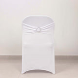 White Spandex Folding Chair Covers with Silver Rhinestone Buckled Sash Band