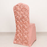 Dusty Rose Satin Rosette Spandex Stretch Banquet Chair Cover, Fitted Slip On Chair Cover