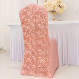 Dusty Rose Satin Rosette Spandex Stretch Banquet Chair Cover, Fitted Slip On Chair Cover