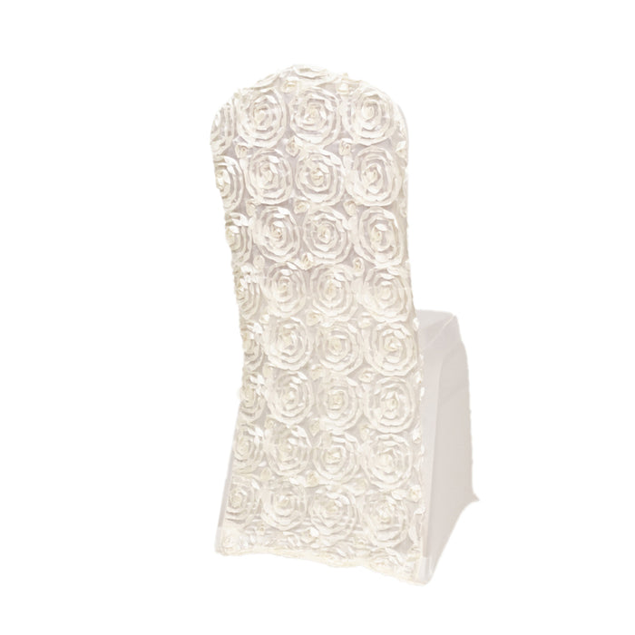 Ivory Satin Rosette Spandex Stretch Banquet Chair Cover, Fitted Slip On Chair Cover