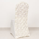 Ivory Satin Rosette Spandex Stretch Banquet Chair Cover, Fitted Slip On Chair Cover