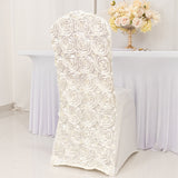 Ivory Satin Rosette Spandex Stretch Banquet Chair Cover, Fitted Slip On Chair Cover