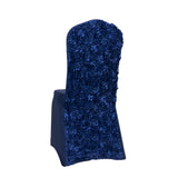 Navy Blue Satin Rosette Spandex Stretch Banquet Chair Cover, Fitted Slip On Chair Cover