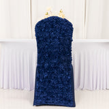 Navy Blue Satin Rosette Spandex Stretch Banquet Chair Cover, Fitted Slip On Chair Cover