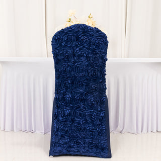 Add Glamour and Elegance to Your Event with Navy Blue Satin Rosette Spandex Stretch Banquet Chair Covers