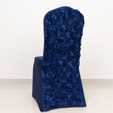 Navy Blue Satin Rosette Spandex Stretch Banquet Chair Cover, Fitted Slip On Chair Cover