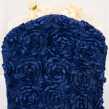 Navy Blue Satin Rosette Spandex Stretch Banquet Chair Cover, Fitted Slip On Chair Cover