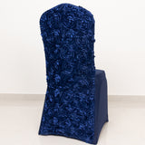 Navy Blue Satin Rosette Spandex Stretch Banquet Chair Cover, Fitted Slip On Chair Cover