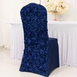 Navy Blue Satin Rosette Spandex Stretch Banquet Chair Cover, Fitted Slip On Chair Cover