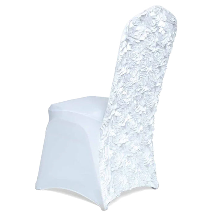 White Satin Rosette Spandex Stretch Banquet Chair Cover, Fitted Slip On Chair Cover