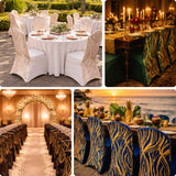 Elegant table settings for various wedding receptions in diverse outdoor and indoor venues.