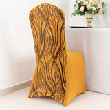 Gold Black Spandex Fitted Banquet Chair Cover With Wave Embroidered Sequins