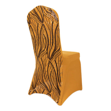 Gold Black Spandex Fitted Banquet Chair Cover With Wave Embroidered Sequins