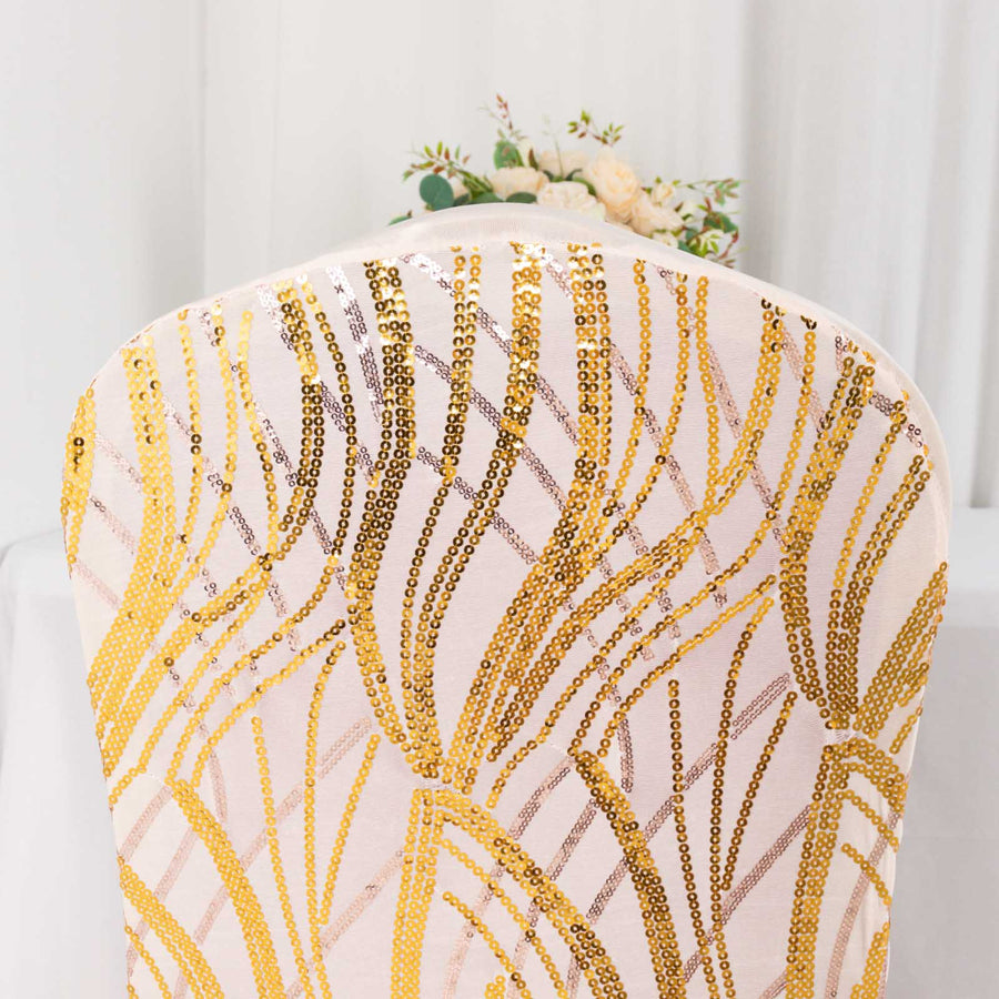 Rose Gold Spandex Fitted Banquet Chair Cover With Gold Wave Embroidered Sequins