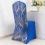 Royal Blue Gold Spandex Fitted Banquet Chair Cover With Wave Embroidered Sequins