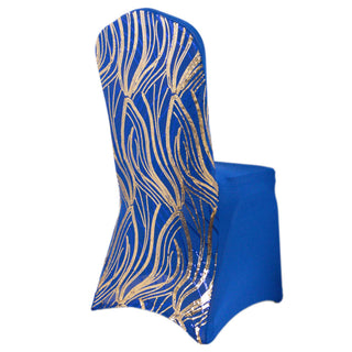 Elevate Your Event with the Royal Blue Gold Spandex Fitted Banquet Chair Cover