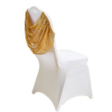 Gold sequin chair cover draped on a white chair.