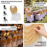 Gold sequin ruched chair cover for elegant event decor.