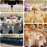 Elegant banquet hall setups with decorated chairs and tables for special events.