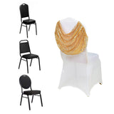 Stackable banquet chairs in black and patterned designs with a white cover.