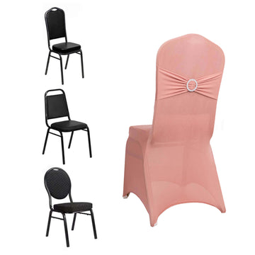 Spandex Chair Cover with Dusty Rose Rhinestone Buckled Sash Band Blush - Stretch Fitted Slipcover