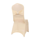 Beige Spandex Banquet Chair Cover with Silver Rhinestone Buckled Sash Band, Stretched Fitted#whtbkgd