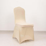 Beige Spandex Banquet Chair Cover with Silver Rhinestone Buckled Sash Band, Stretched Fitted Slip On