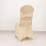 Beige Spandex Banquet Chair Cover with Silver Rhinestone Buckled Sash Band, Stretched Fitted Slip On