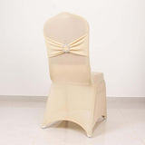 Beige Spandex Banquet Chair Cover with Silver Rhinestone Buckled Sash Band, Stretched Fitted Slip On