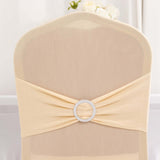 Beige Spandex Banquet Chair Cover with Silver Rhinestone Buckled Sash Band, Stretched Fitted Slip On