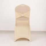 Beige Spandex Banquet Chair Cover with Silver Rhinestone Buckled Sash Band, Stretched Fitted Slip On