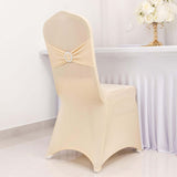 Beige Spandex Banquet Chair Cover with Silver Rhinestone Buckled Sash Band, Stretched Fitted Slip On