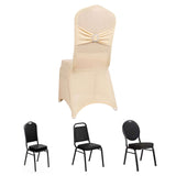 Beige Spandex Banquet Chair Cover with Silver Rhinestone Buckled Sash Band, Stretched Fitted Slip On