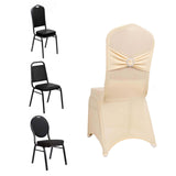 Beige Spandex Banquet Chair Cover with Silver Rhinestone Buckled Sash Band, Stretched Fitted Slip On