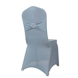 Dusty Blue Spandex Banquet Chair Cover with Silver Rhinestone Buckled Sash Band, Stretched#whtbkgd