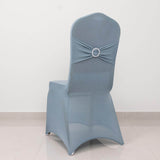 Dusty Blue Spandex Banquet Chair Cover with Silver Rhinestone Buckled Sash Band, Stretched Fitted