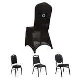 Black Spandex Banquet Chair Cover with Silver Rhinestone Buckled Sash Band, Stretched Fitted Slip On