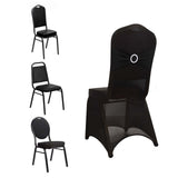 Black Spandex Banquet Chair Cover with Silver Rhinestone Buckled Sash Band, Stretched Fitted Slip On