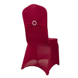 Burgundy Spandex Banquet Chair Cover with Silver Rhinestone Buckled Sash Band, Stretched#whtbkgd