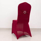 Burgundy Spandex Banquet Chair Cover with Silver Rhinestone Buckled Sash Band, Stretched Fitted Slip