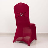 Burgundy Spandex Banquet Chair Cover with Silver Rhinestone Buckled Sash Band, Stretched Fitted Slip