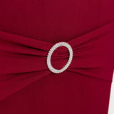 Burgundy Spandex Banquet Chair Cover with Silver Rhinestone Buckled Sash Band, Stretched Fitted Slip