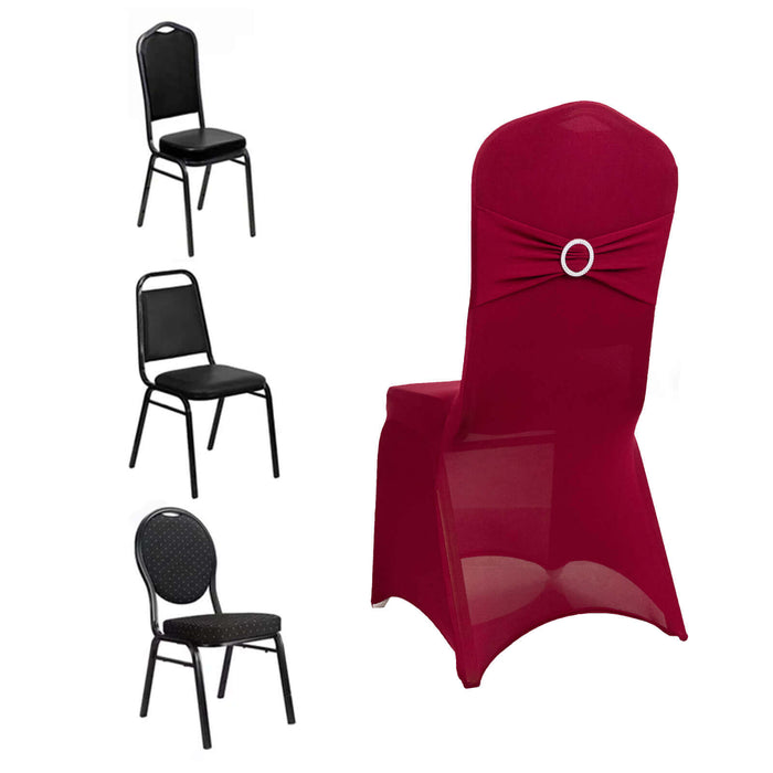 Burgundy Spandex Banquet Chair Cover with Silver Rhinestone Buckled Sash Band, Stretched Fitted Slip