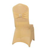 Champagne Spandex Banquet Chair Cover with Silver Rhinestone Buckled Sash Band, Stretched#whtbkgd