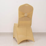 Champagne Spandex Banquet Chair Cover with Silver Rhinestone Buckled Sash Band, Stretched Fitted