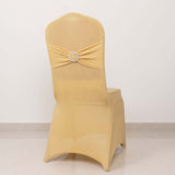 Champagne Spandex Banquet Chair Cover with Silver Rhinestone Buckled Sash Band, Stretched Fitted