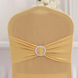 Champagne Spandex Banquet Chair Cover with Silver Rhinestone Buckled Sash Band, Stretched Fitted