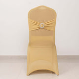 Champagne Spandex Banquet Chair Cover with Silver Rhinestone Buckled Sash Band, Stretched Fitted