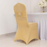 Champagne Spandex Banquet Chair Cover with Silver Rhinestone Buckled Sash Band, Stretched Fitted