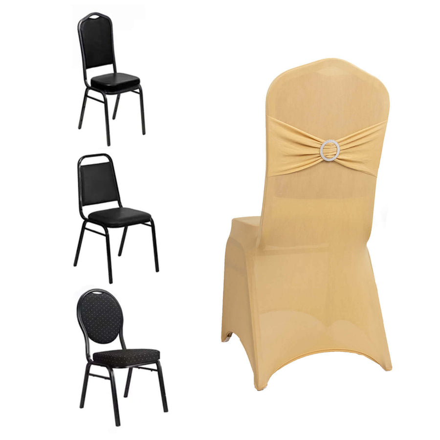 Champagne Spandex Banquet Chair Cover with Silver Rhinestone Buckled Sash Band, Stretched Fitted